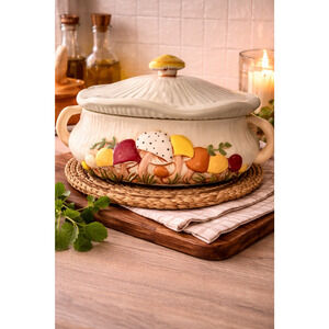 Vintage 1970s Arnel’s Mushroom Casserole Dish w Lid Ceramic 13"